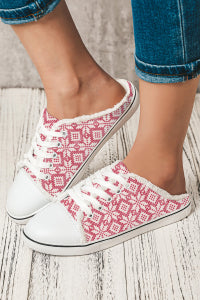 Strawberry Pink Snowflake Printed Frayed Lace Up Slip On Shoes