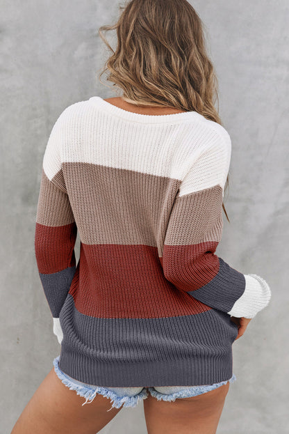 Chestnut Color Block Casual Knit Pullover Sweater