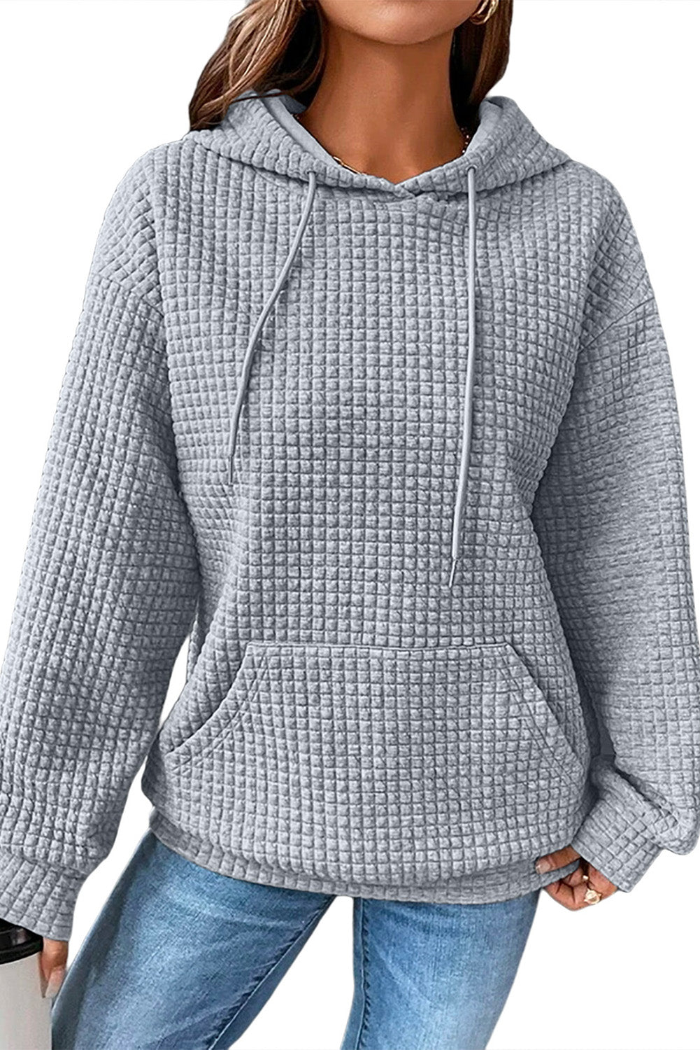 White Lattice Textured Kangaroo Pocket Drawstring Hoodie