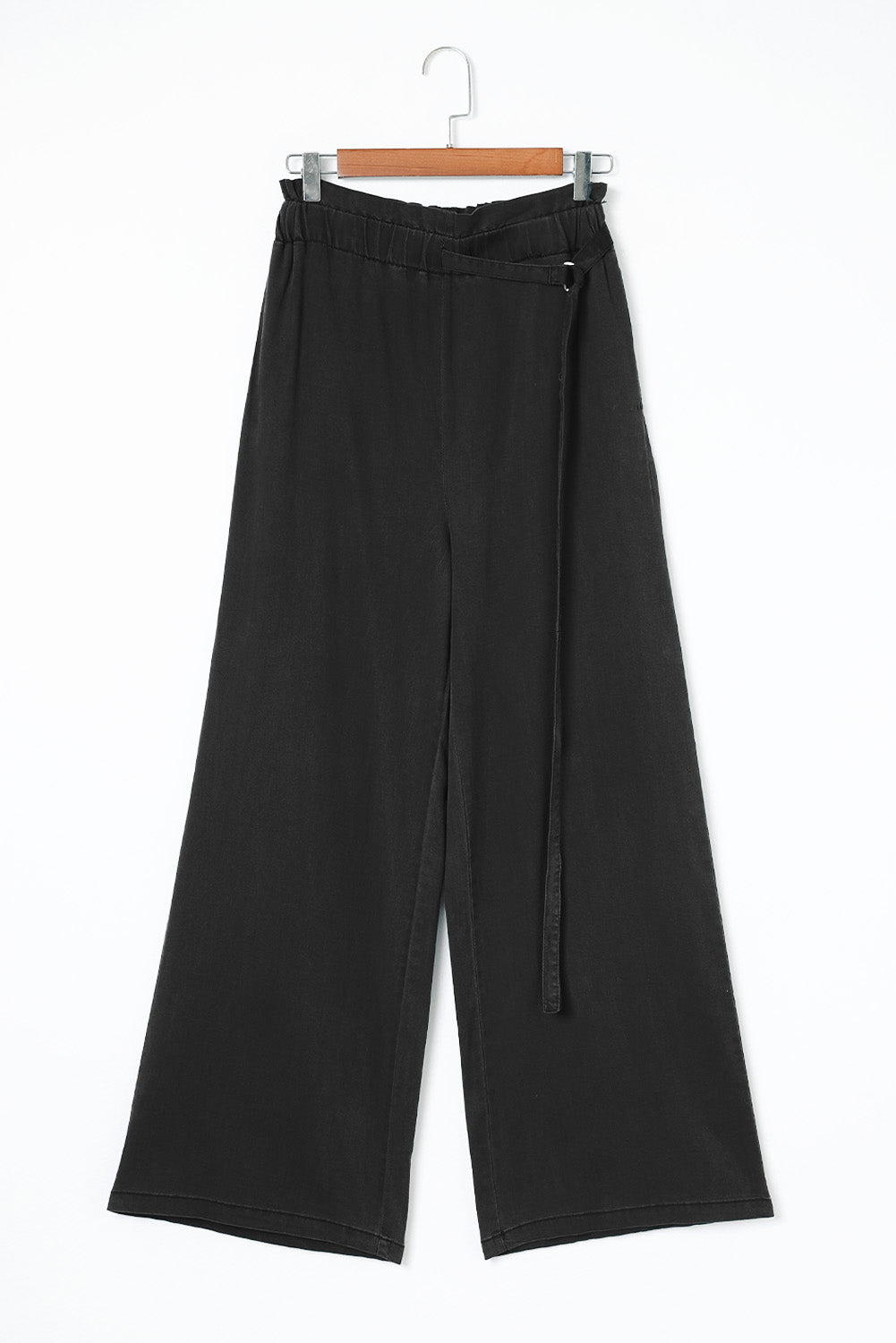 Black Elastic High Waisted Wide Leg Pants with Pockets