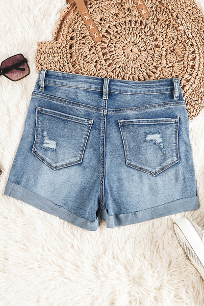 Light Blue Button Fly Distressed High Rise Denim Shorts