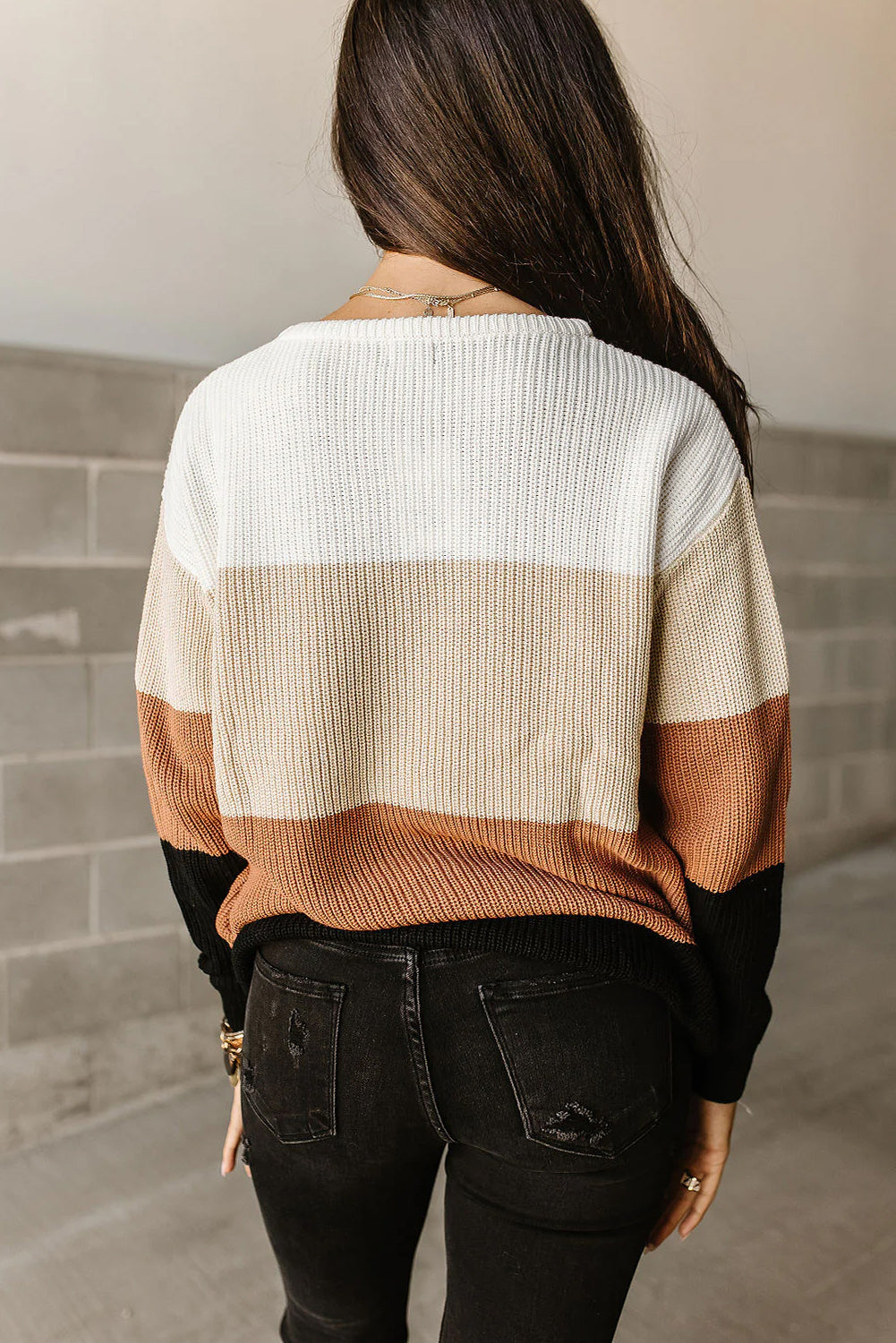 Chestnut Color Block Casual Knit Pullover Sweater