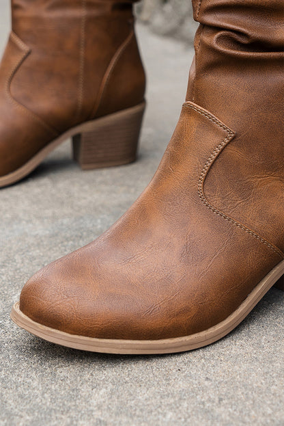 Chestnut Pleated Leather Block Heel Boots