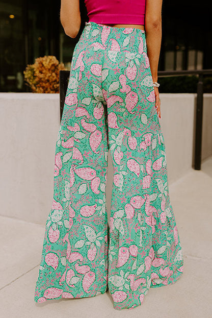 Green Boho Paisley Print Flowy Wide Leg Pants