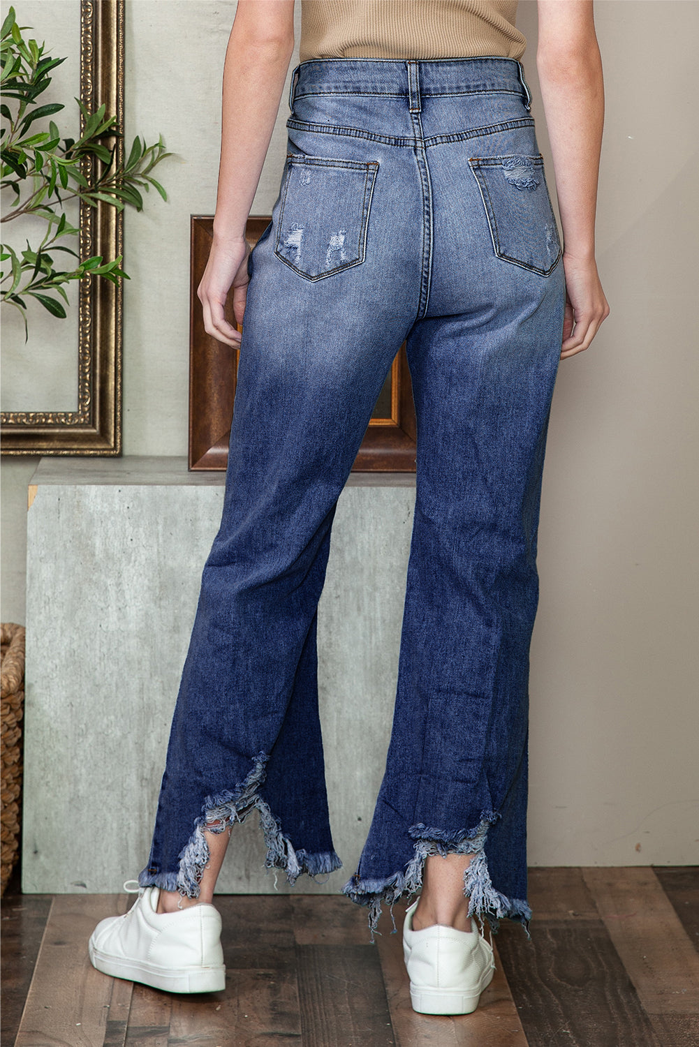 Sky Blue Heavy Destroyed Raw Hem Wide Leg Jeans