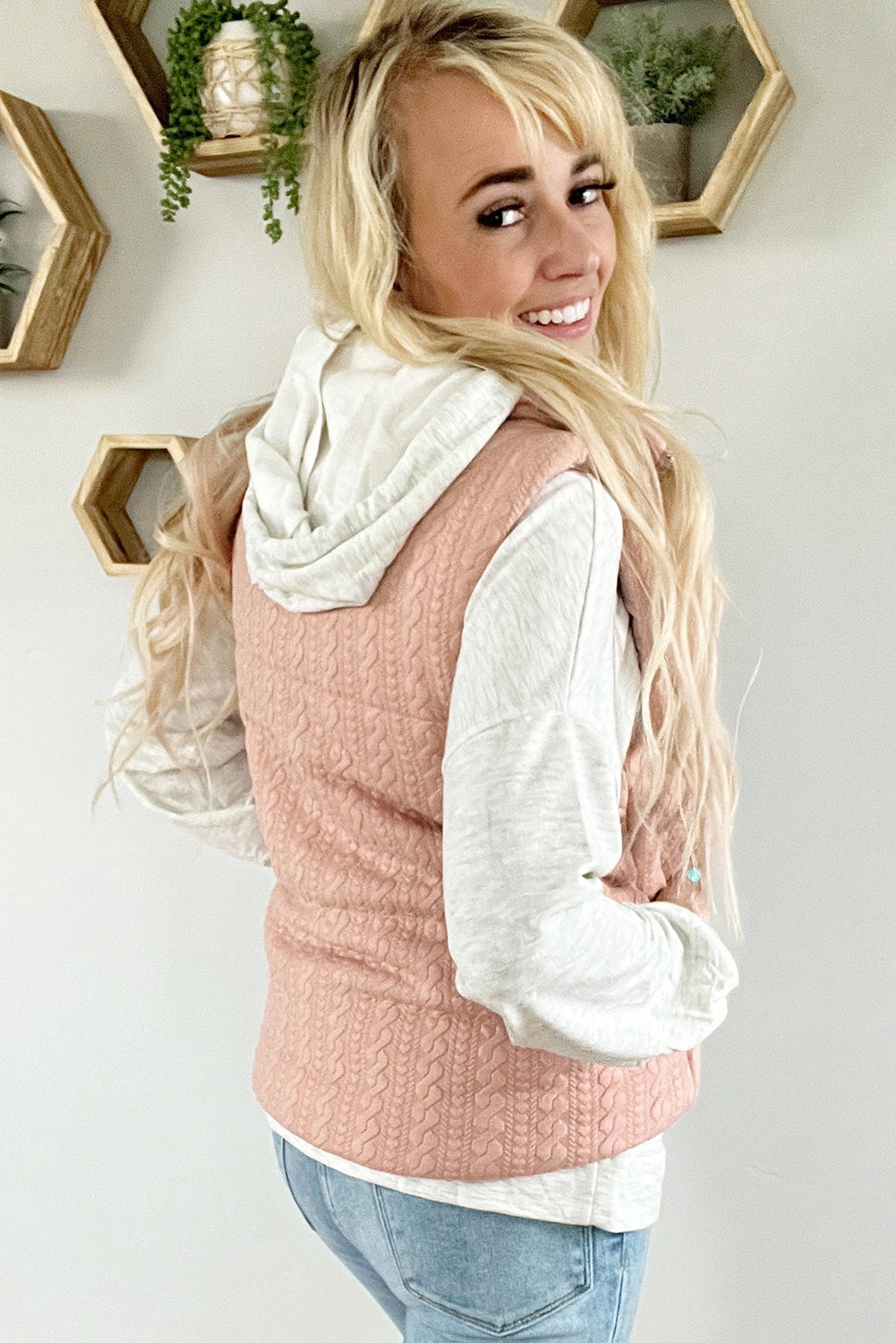 Apricot Pink Textured Pockets Zip Up Vest Jacket