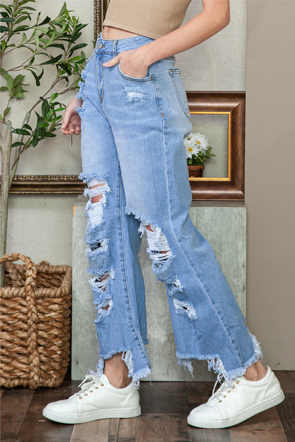 Sky Blue Heavy Destroyed Raw Hem Wide Leg Jeans