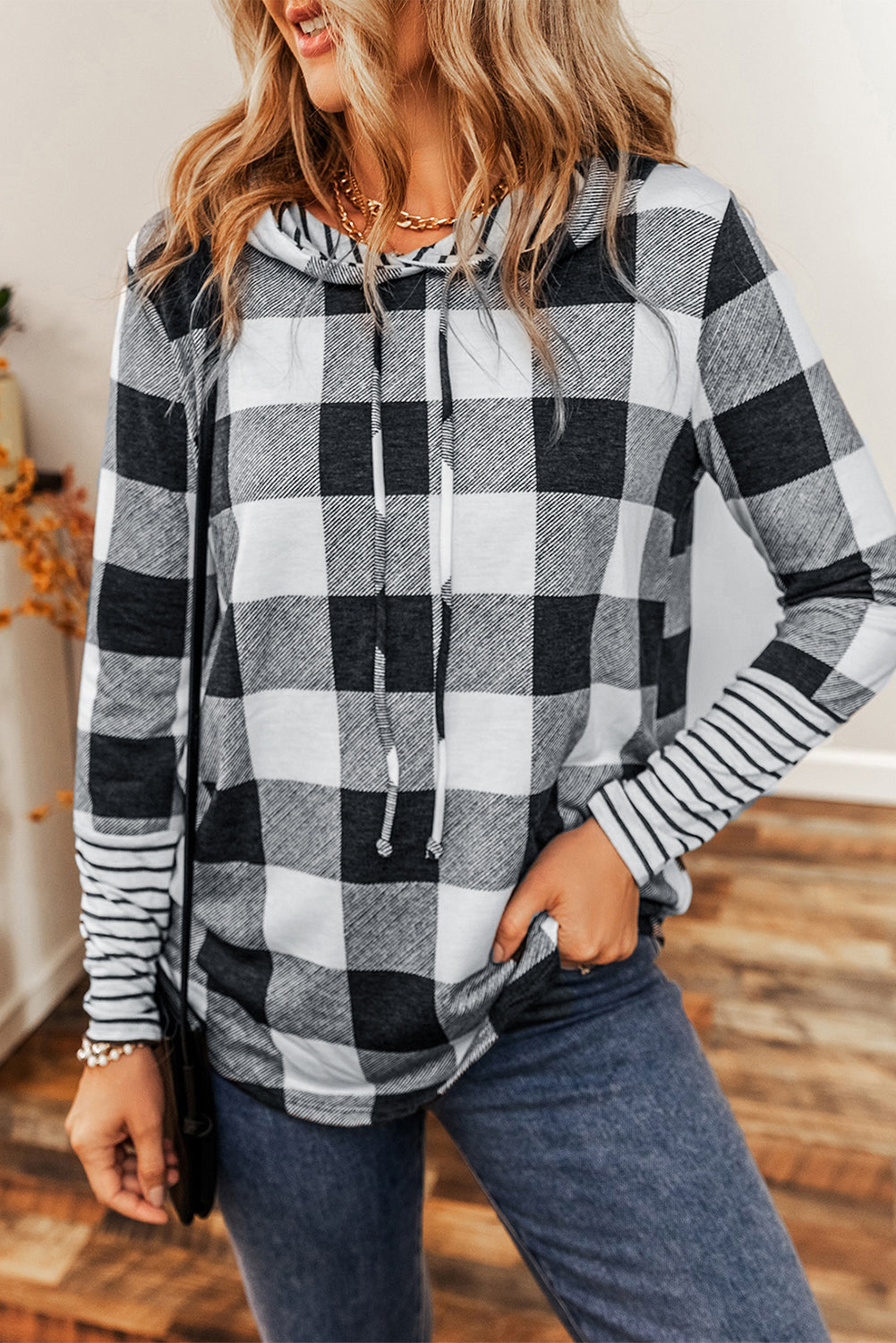 Multicolour Plaid & Striped Patchwork Drawstring Hoodie