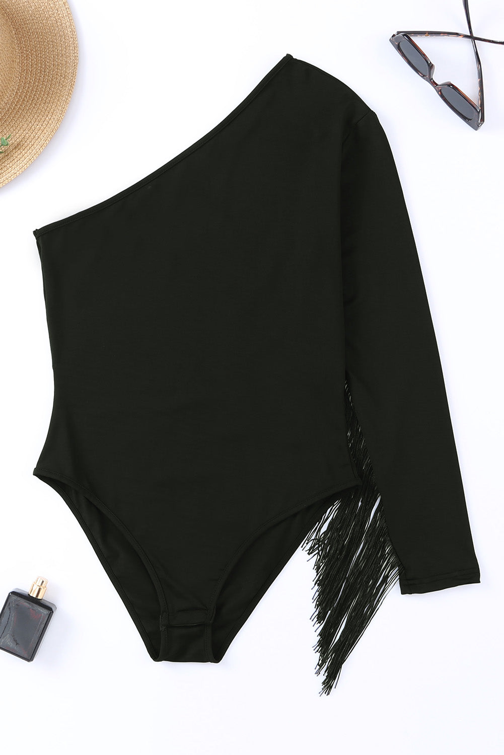 Black Casual Fringe One Shoulder Long Sleeve Bodysuit