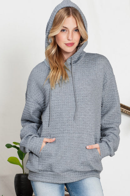 White Lattice Textured Kangaroo Pocket Drawstring Hoodie