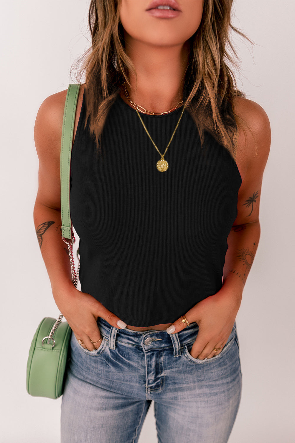 Plain White Ribbed Knit Basic Cropped Tank Top