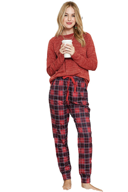 Red Solid Long Sleeve Top & Plaid Pants Loungewear Set