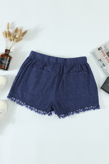 Black Casual Drawstring Pocketed Frayed Hem Denim Shorts