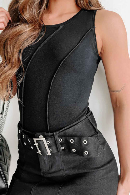 Black Expose Seam Detail Sleeveless Bodysuit