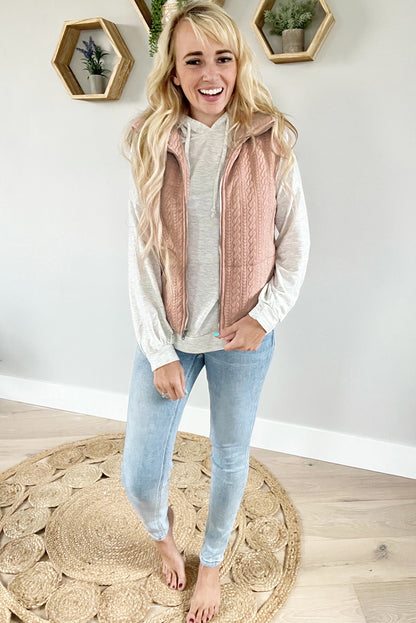 Apricot Pink Textured Pockets Zip Up Vest Jacket