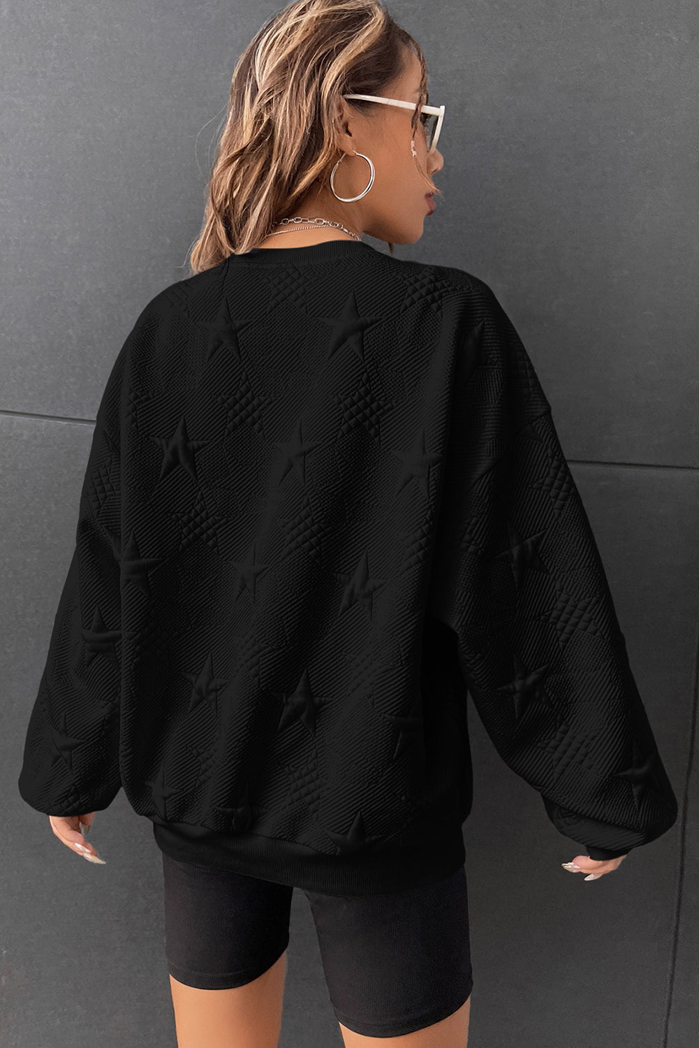 Black Star Embossed Textured Drop Shoulder Sweatshirt