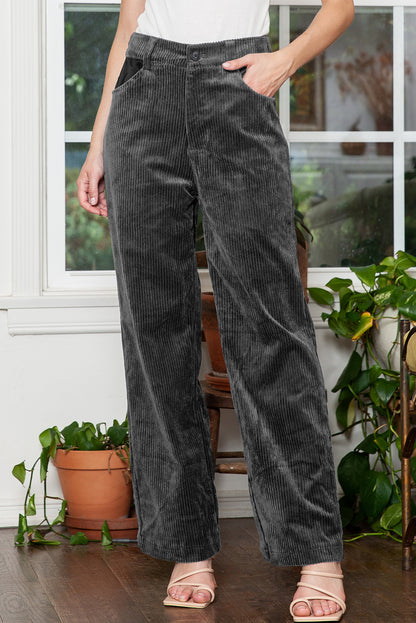 Grey Corduroy High Waisted Wide Leg Pants for Women