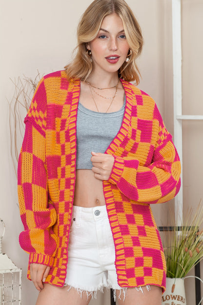 Colorblock Checked Open Front Knitted Cardigan