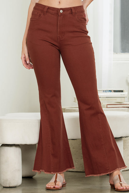 Red High Waist Raw Hem Flare Jeans