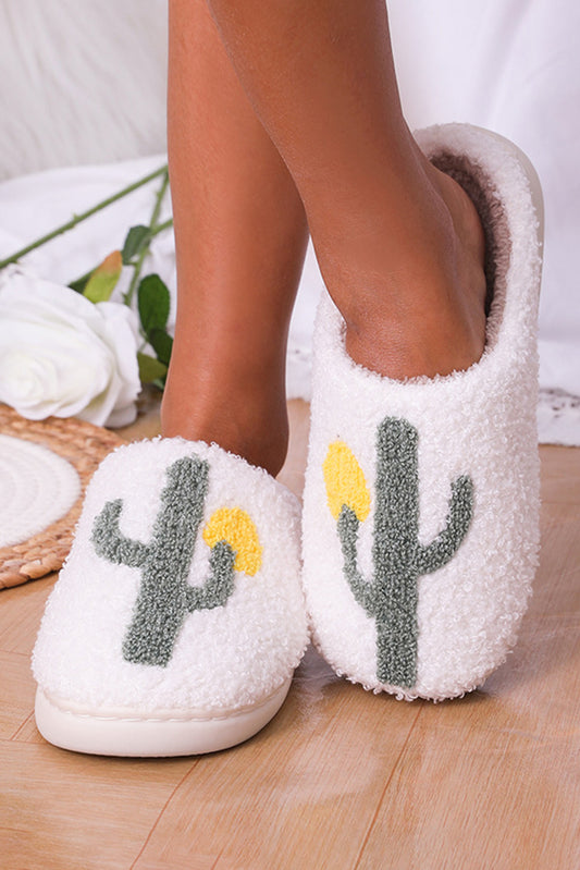 White Fuzzy Cactus Pattern Winter Home Slippers