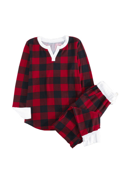 Red Christmas Plaid Long Sleeve Top & Pants Loungewear Set