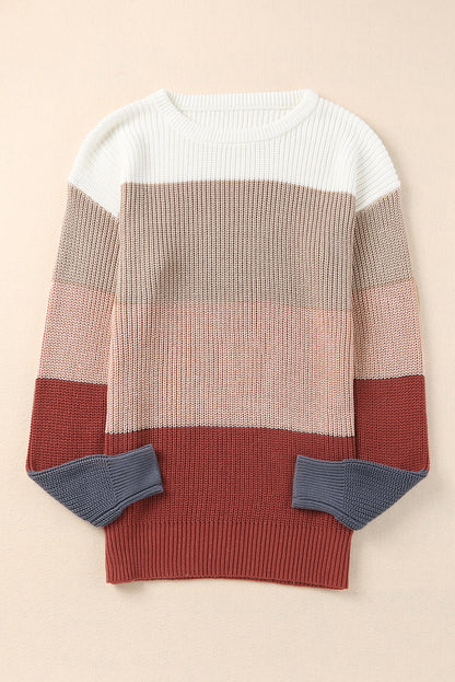 Chestnut Color Block Casual Knit Pullover Sweater