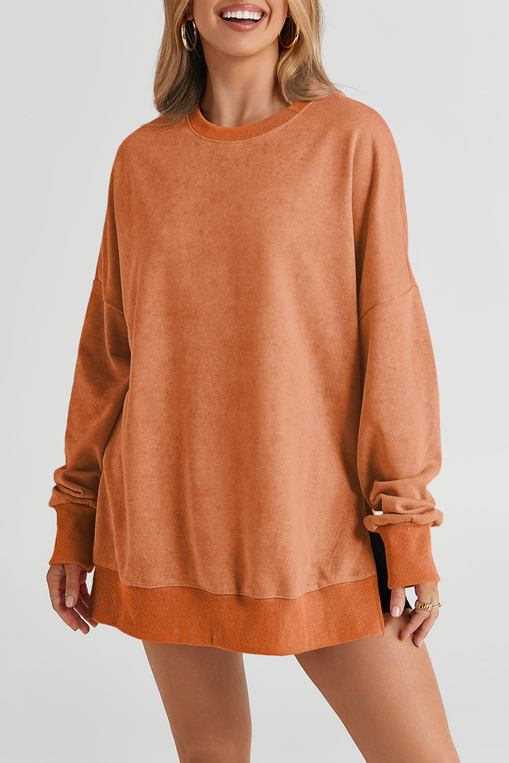 Green Plain Drop Shoulder Ribbed Trim Oversized Sweatshirt