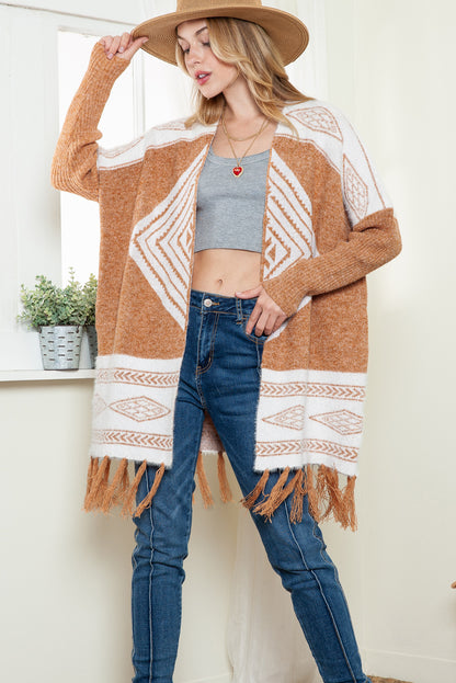 Brown Colorblock Furry Knit Tassel Hem Cardigan