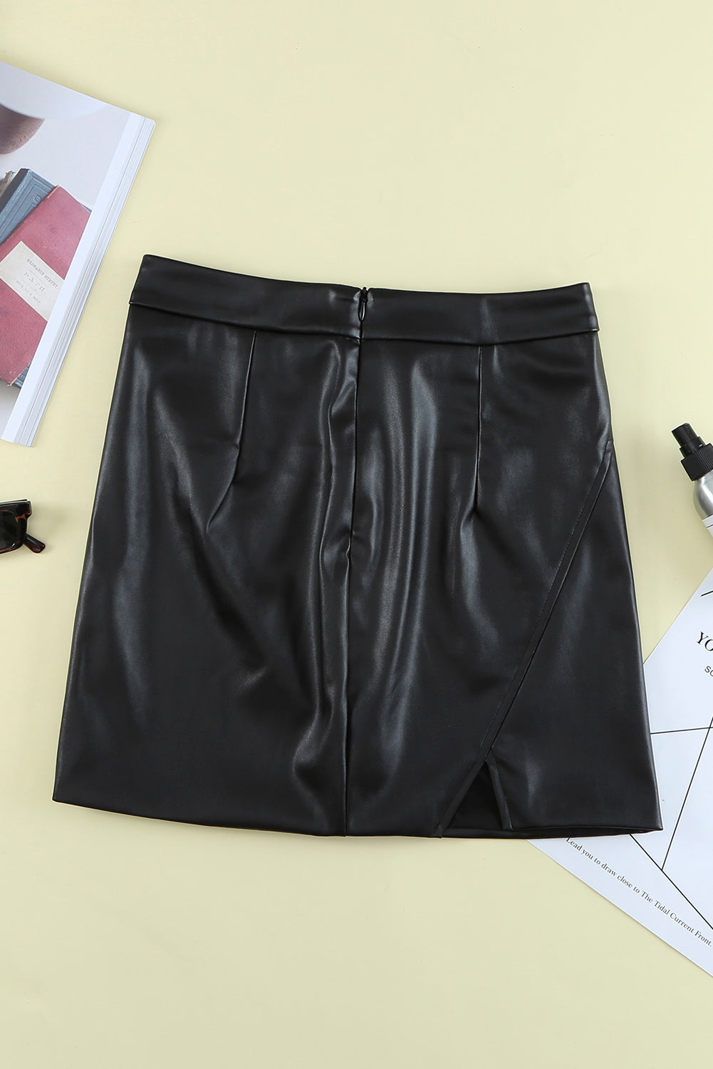 Black Back Zipper High Waisted Faux Leather Mini Skirt