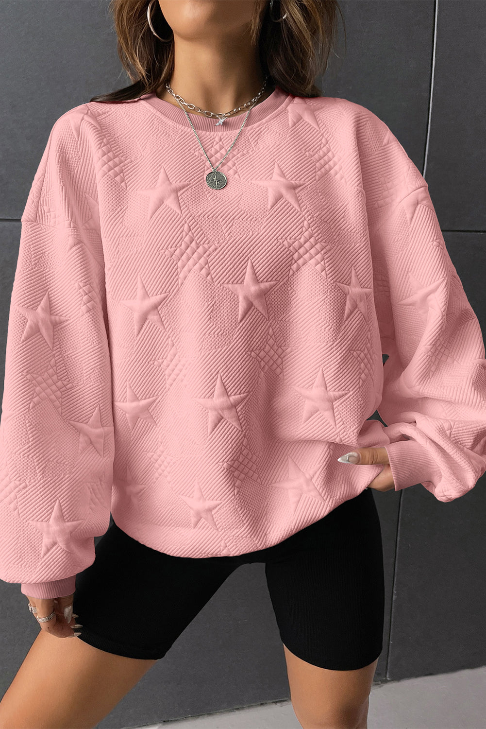 Black Star Embossed Textured Drop Shoulder Sweatshirt