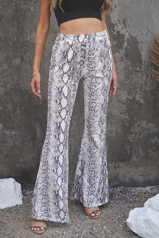 White Snakeskin Print Wide Legs Pants