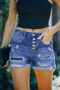 Blue Casual Button Fly Distressed High Waisted Denim Shorts