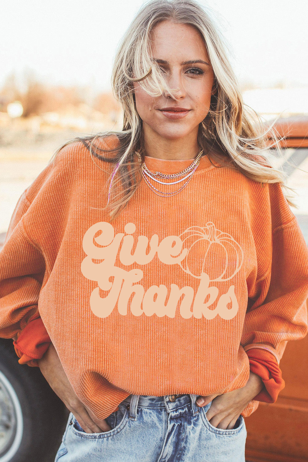 Orange Give Thanks Pumpkin Graphic Corded Sweatshirt