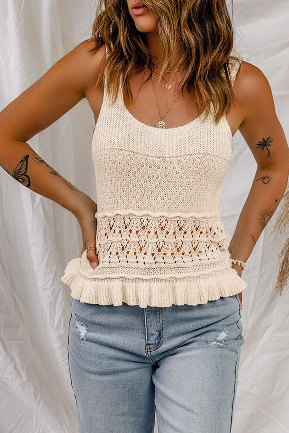 Beige Crochet Casual Ruffle Hem Knitted Tank Top