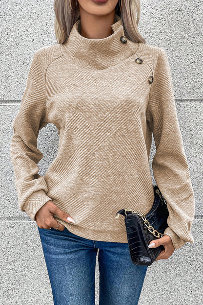 Apricot Solid Color Button Detail Textured Sweatshirt