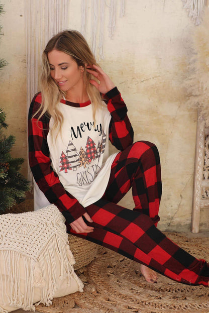 Red Plaid Merry Christmas Casual Top & Pants Loungewear Set