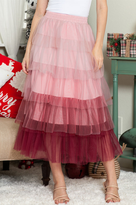 Pink Gradient Mesh Ruffle Tiered Tulle Maxi Skirt
