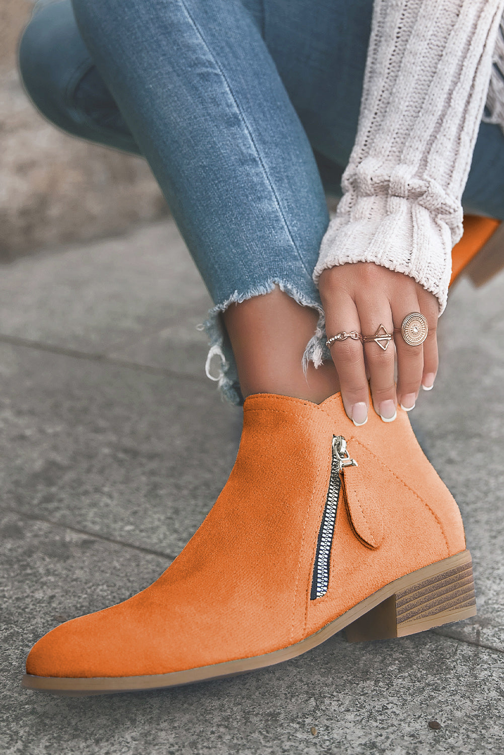 Orange Suede Pointed Toe Side Zipper Booties