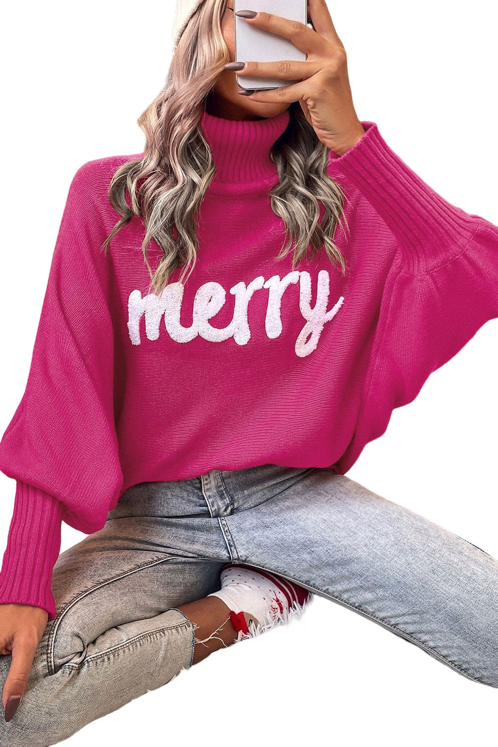 Red Turtle Neck Batwing Sleeve Merry Christmas Sweater