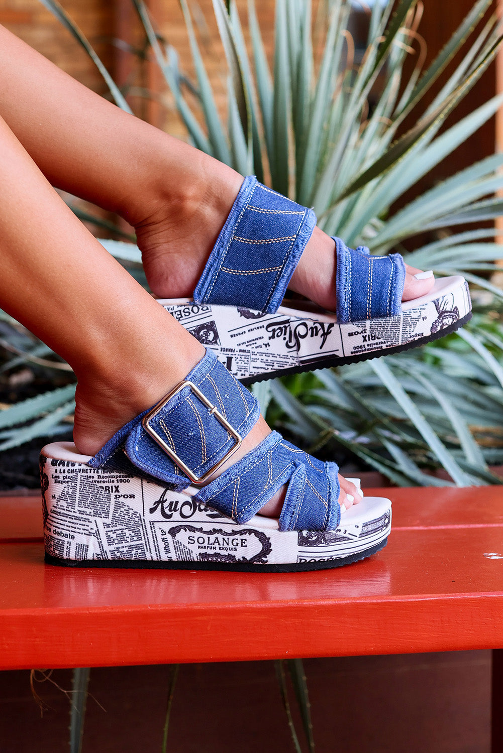 Blue Buckle Fringed Denim Wedge Slippers