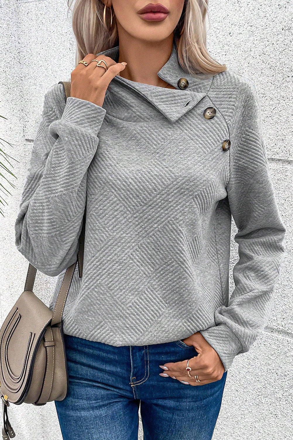 Apricot Solid Color Button Detail Textured Sweatshirt