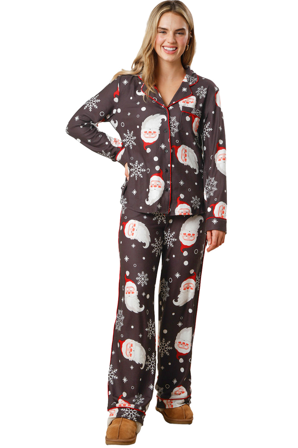 White Christmas Santa Print Pocket Shirt and Pants Pajama Set