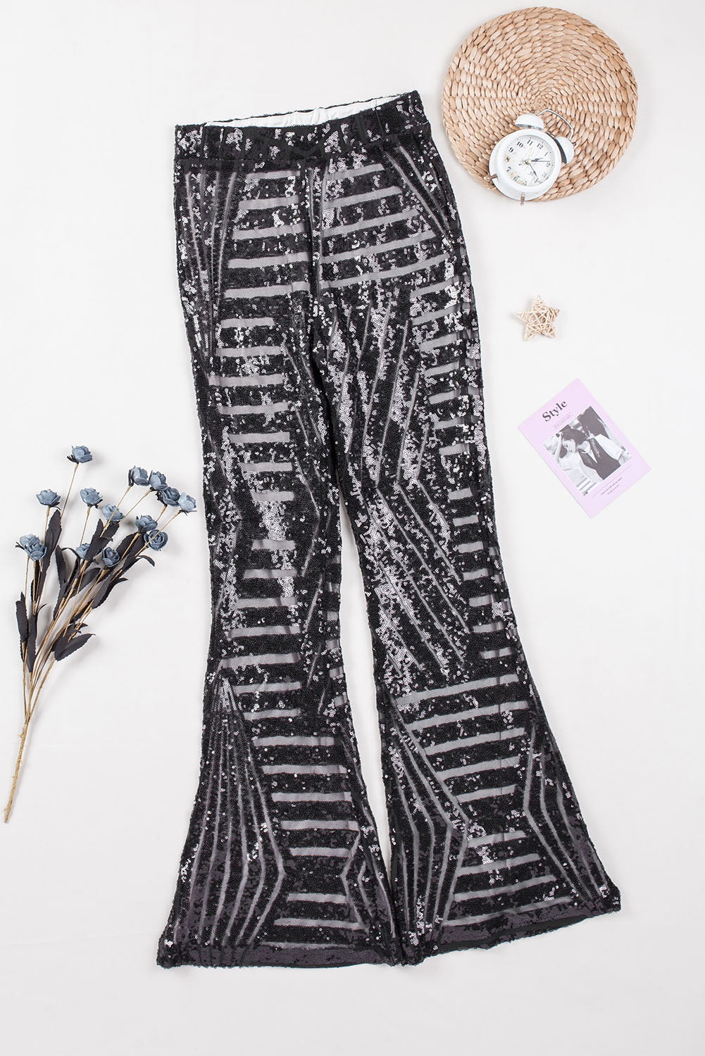 Black Sequins Striped High Waist Flared Pants