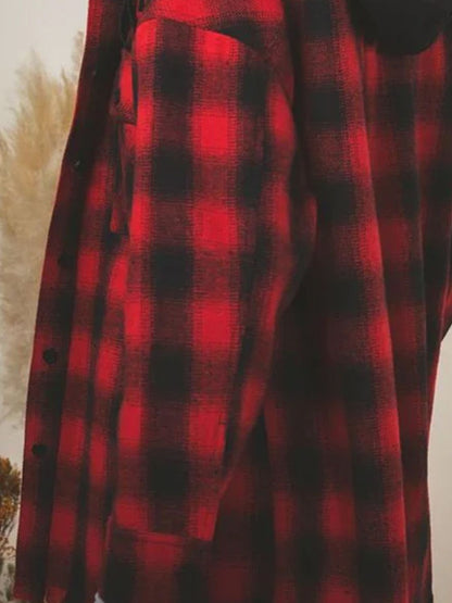 Raw Hem Plaid Long Sleeve Hooded Jacket