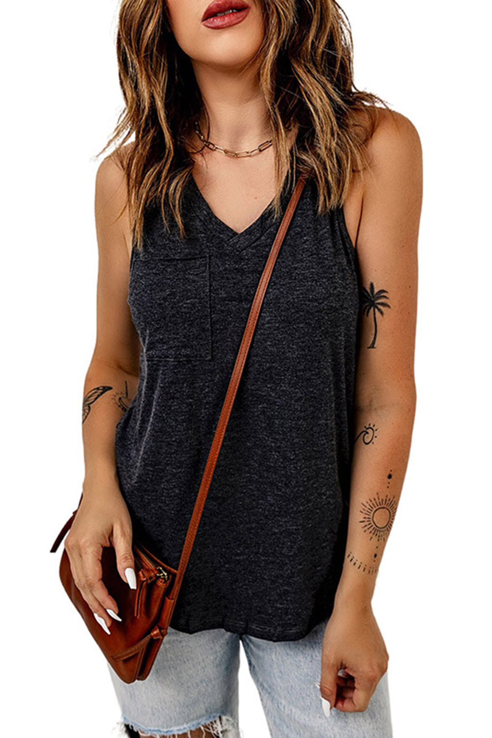 Gray Casual V Neck Racerback Tank Top With Pocket