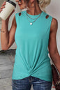 Green Ribbed Knit Cut Out Twist Front Crew Neck Tank Top