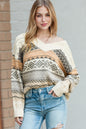 Khaki Geometric Print Ribbed Knitted V Neck Sweater