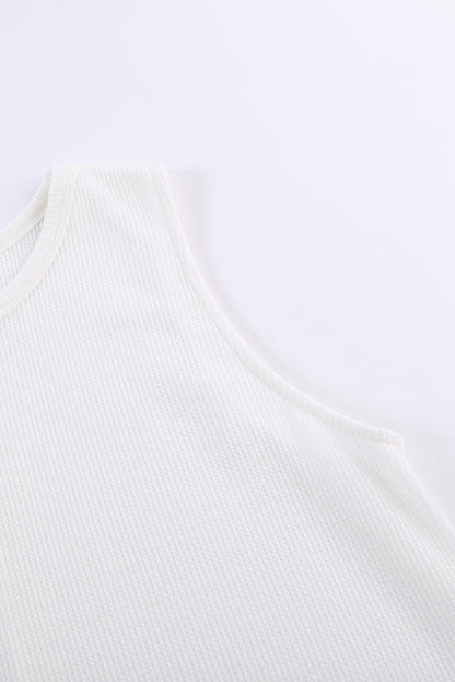 White Basic Waffle Crew Neck Tank Top