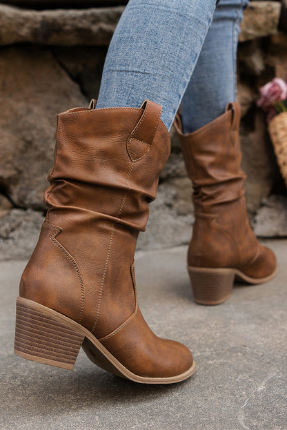 Chestnut Pleated Leather Block Heel Boots