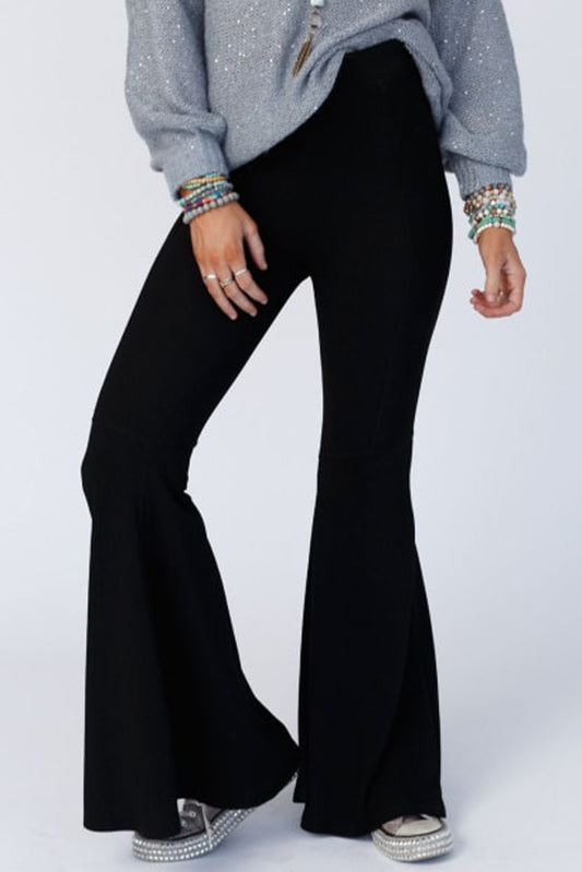 Black High Waist Ribbed Flare Leg Pants